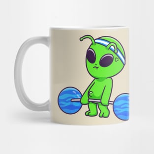 Cute Alien Lifting Planet Barbell Cartoon Mug